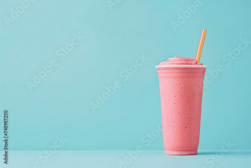 close up horizontal image of a strawberry milkshake on a blue pastel background