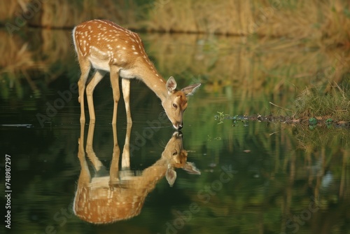 A young spotted deer drinking from a calm lake amidst greenery.