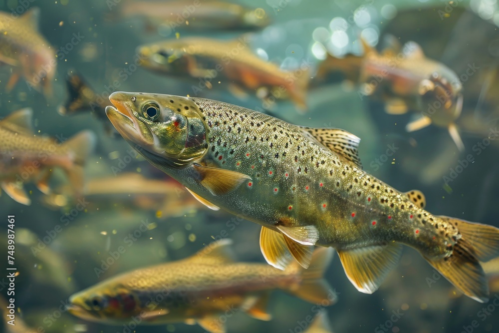 A close-up of a trout with vivid spots swimming among other fish in clear freshwater. A close-up of a trout with vivid spots swimming among other fish in clear freshwater.