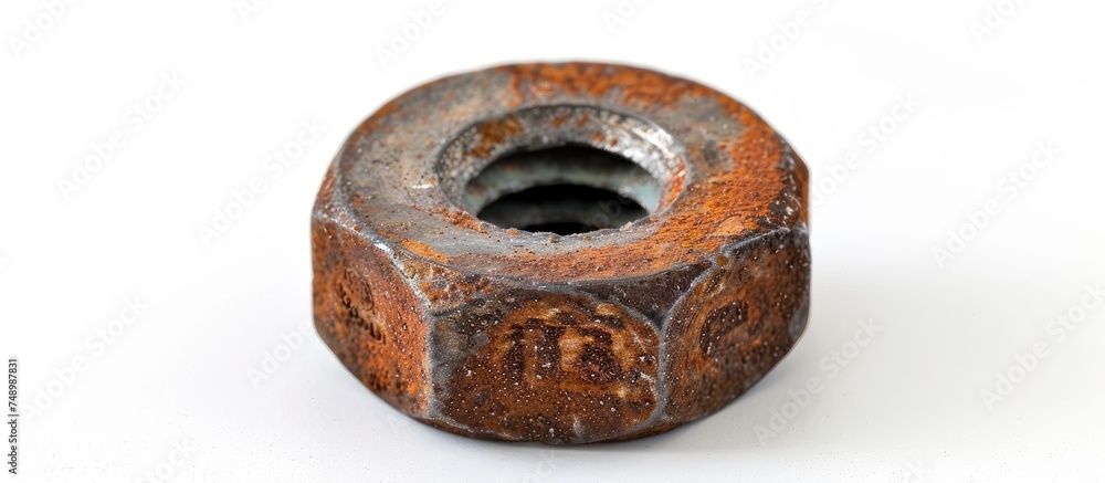 A close-up photograph of a single steel nut placed on a plain white background. The nut shows signs of abrasions and is captured in detailed macro studio photography.