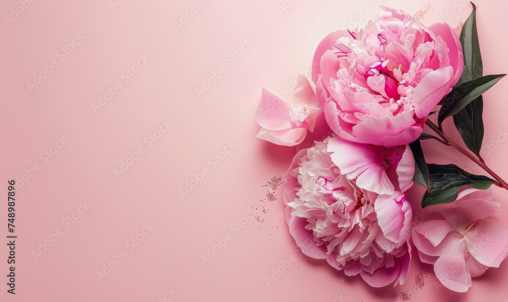 elegant pink peony flowers with glitter on pastel background for spring or beauty concept elegant pink peony flowers with glitter on pastel background for spring or beauty concept