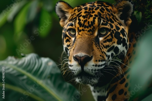 A close-up of a jaguar amidst lush greenery showcasing its intricate spot patterns and intense gaze.