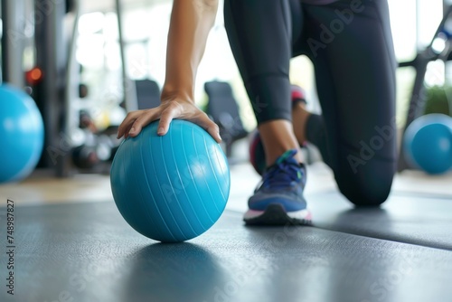 A person in a gym holding a blue exercise ball.