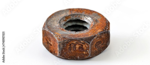 A close-up photograph of a single steel nut placed on a plain white background. The nut shows signs of abrasions and is captured in detailed macro studio photography.