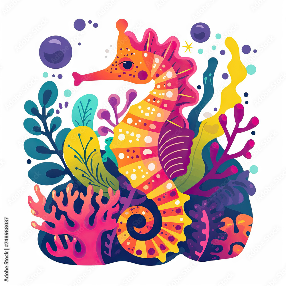 Seahorse Swirling Amidst Colorful Coral - Underwater Bliss. Vector Icon Illustration. Animal Nature Icon Concept Isolated Premium Vector. 