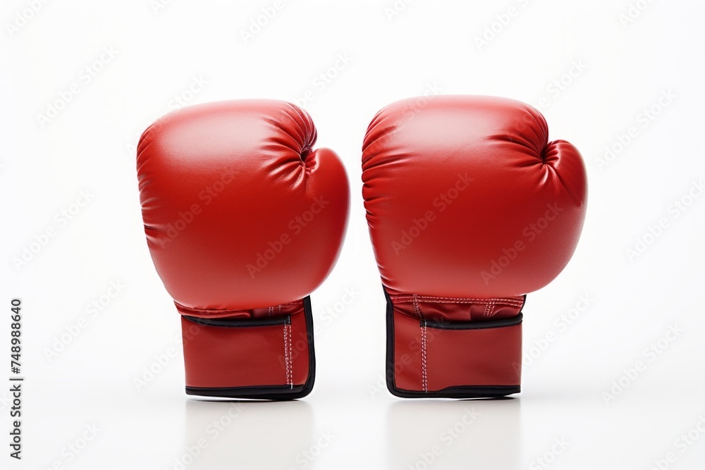 Red leather boxing gloves isolated on white background. Concept of boxing equipment, combat sports gear, training accessory, and worn athletic items.