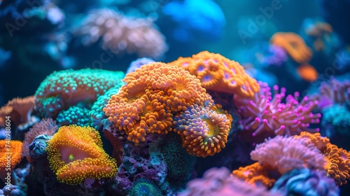 Colorful coral formations in sea. Reef. Concept of aquatic environment, coral conservation, scuba diving attraction, and oceanography.