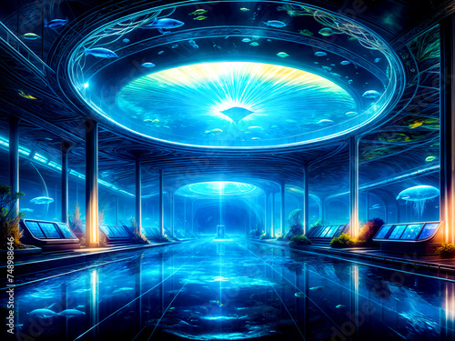 Futuristic building with pool in the middle of the floor and sky filled with fish.