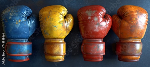 Four leather boxing gloves, each in different bold colors, on a dark blue surface. Concept of diversity in sports, the colorful world of boxing, boxing equipment, and the wear of active use. photo