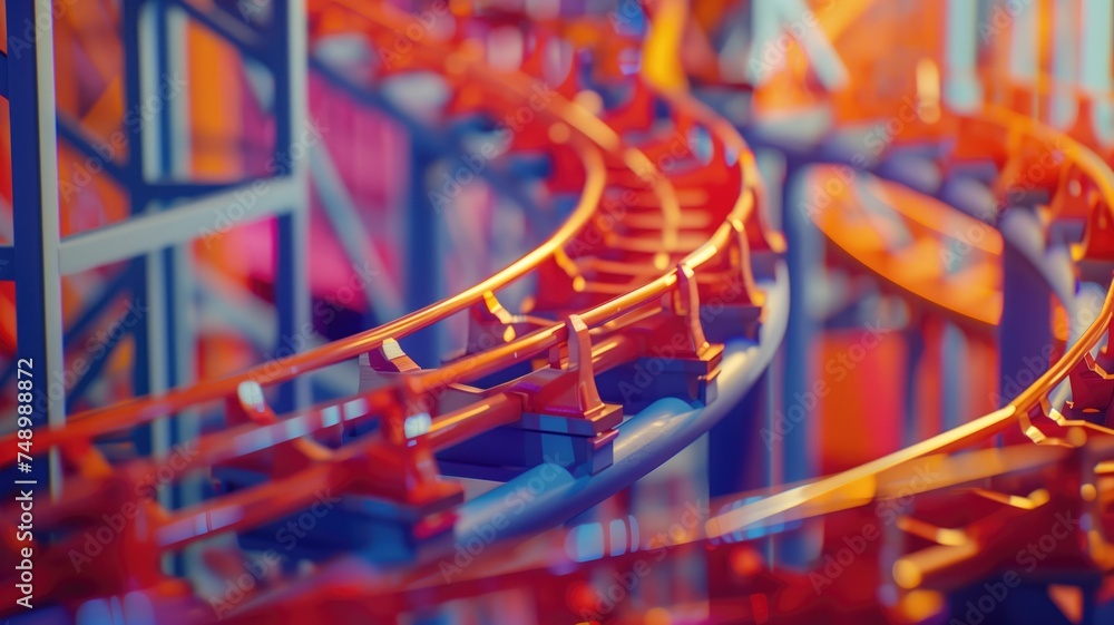 Vividly colored roller coaster tracks intertwining in an amusement park