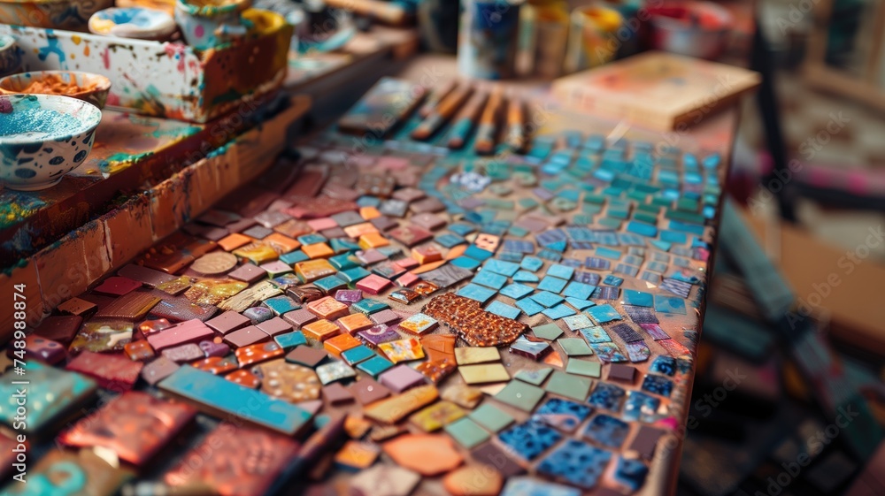 Close-up of colorful mosaic tiles and art supplies on a table