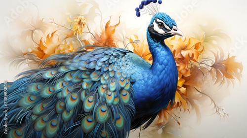 Beautiful peacock with vibrant tail feathers. Concept of ornithology, bird elegance, feather patterns, and avian beauty. photo
