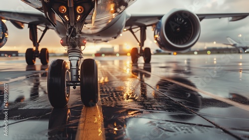Close-up of airplane landing gear on a reflective wet tarmac at dusk photo