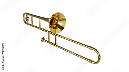 Brass trombone isolated on transparent and white background. Music concept. 3D render
