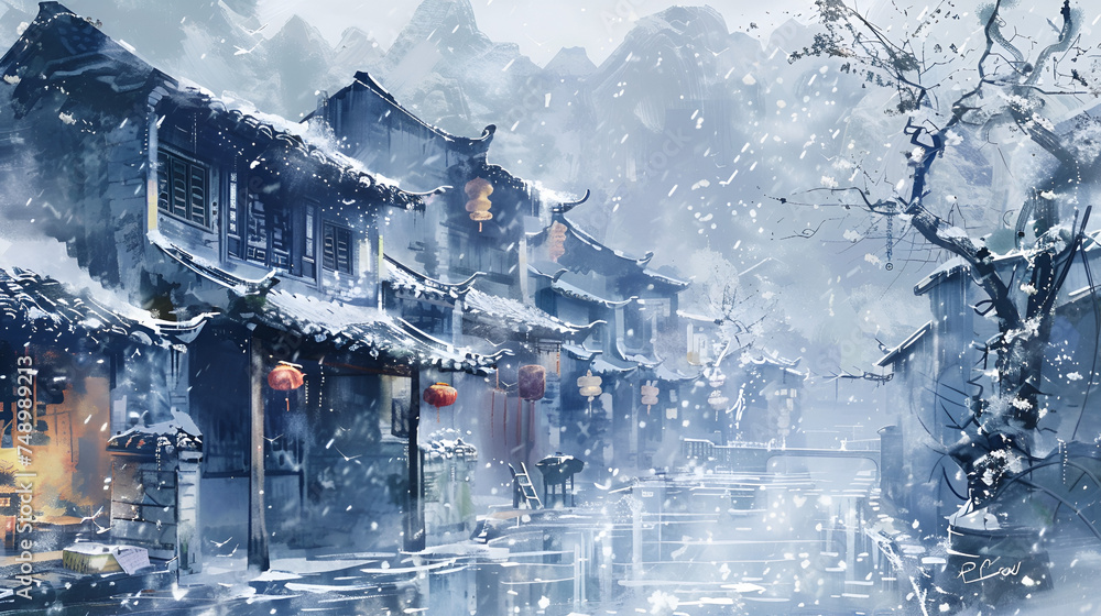 Artistic Style Painting of Ancient Chinese Villages Chinese Cities
