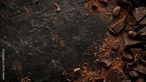 Dark chocolate pieces and cocoa on a textured black surface photo
