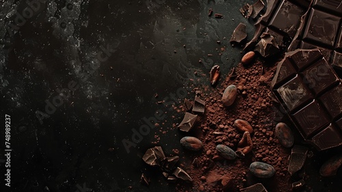 Assorted dark chocolate pieces with cocoa powder and beans on dark background photo