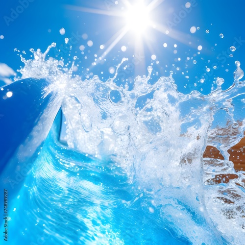 Splashes of water in the sunlight on the blue slide of the water park © Ирина Старикова