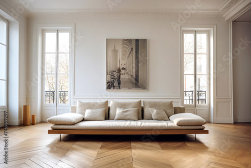 White sofa on wooden parquet. Minimalist, scandinavian home interior design of modern living room. photo