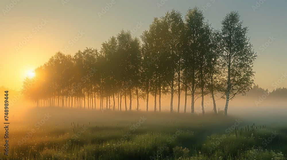 A field with birch trees in the morning - obrazy, fototapety, plakaty 