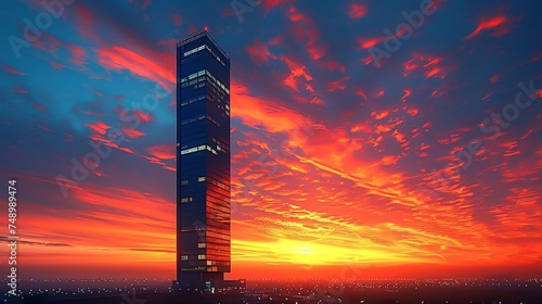 A glass building at sunset