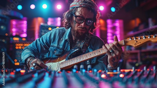 A musician wearing glasses plays an electric guitar in a dimly lit room