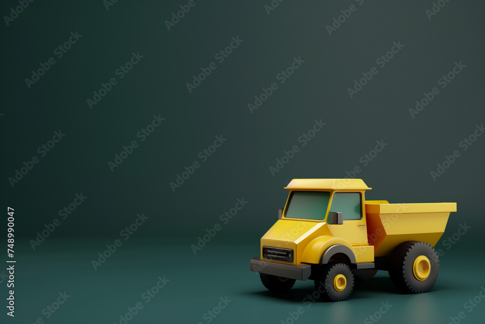 Yellow Toy Dump Truck on Dark Background.