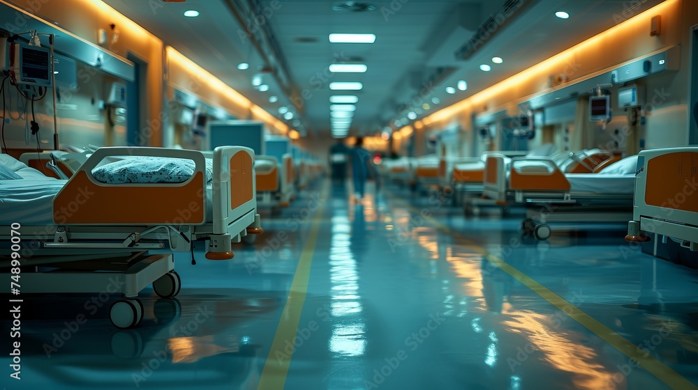 Hospital hallway with numerous beds, someone strolling through