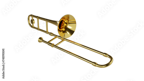 Brass trombone isolated on transparent and white background. Music concept. 3D render photo