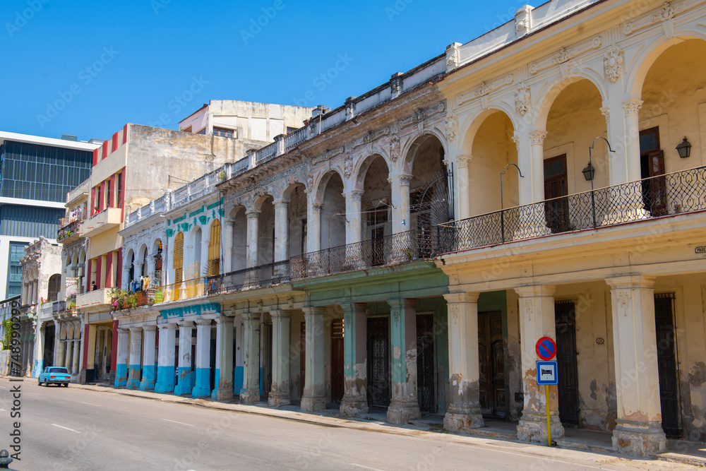 Historic buildings on Paseo del Prado between Calle Genios and Refugio Street in Old Havana (La Habana Vieja), Cuba. Old Havana is a World Heritage Site. 