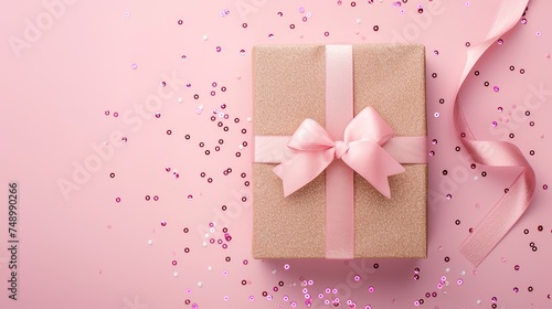 gift box with a pink bow made of natural materials, set against a pink background with magenta accents. Perfect for party supplies and gift wrapping © Odesza