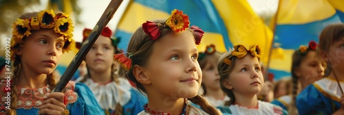 Children in traditional Ukrainian attire holding the flag, unity in diversity