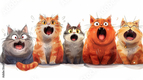 Five funny cats on a white background are screaming loudly. Meowing cats. A gang of cute kittens. An illustration for a children's book. photo