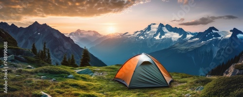 Perfect camping place high in the mountains with tent in summer season, banner. Generative Ai. photo