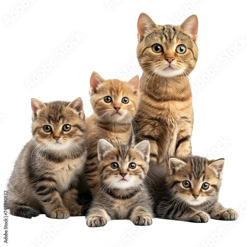 Family of cute cats on white or transparent background