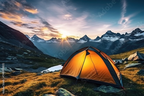 Perfect camping place high in the mountains with tent in summer season. Generative Ai. © annamaria