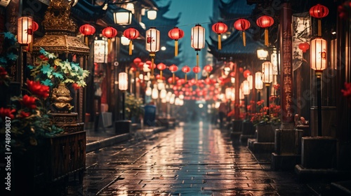 a street with lanterns and flowers