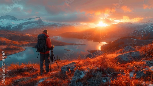 Man stands on mountain at dusk, watching sunset reflect on lake