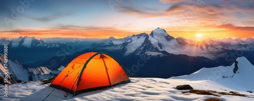 Perfect camping place high in the mountains with tent in winter season, banner. Generative Ai. © annamaria