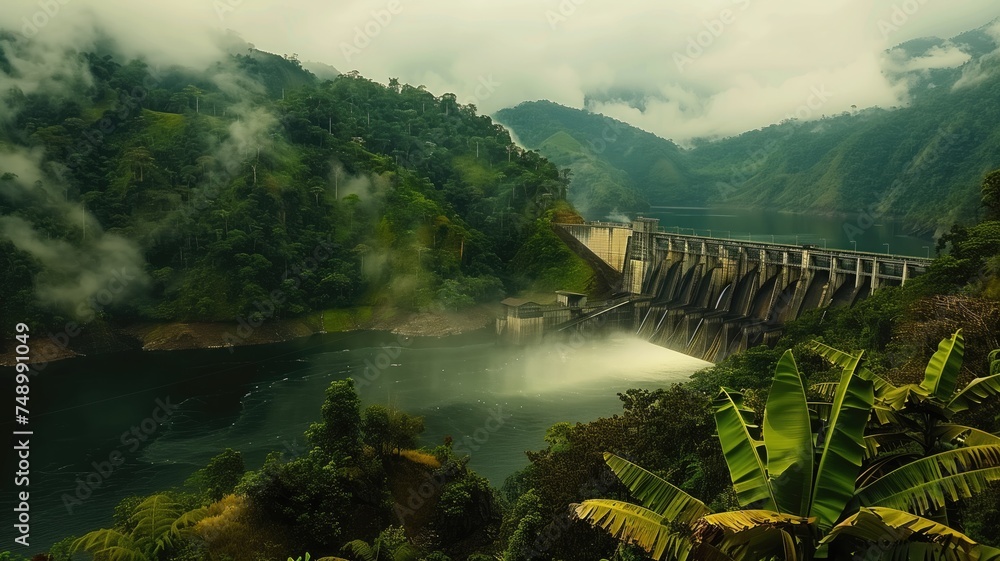 Misty view of a tropical dam with lush greenery and a flowing waterfall