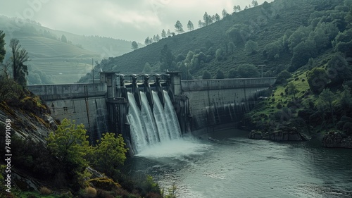 Overflowing dam in lush green landscape under cloudy sky