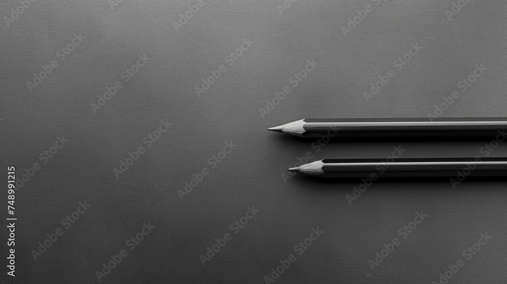 Two black pencils on a gray textured surface, minimalistic Two black pencils on a gray textured surface, minimalistic