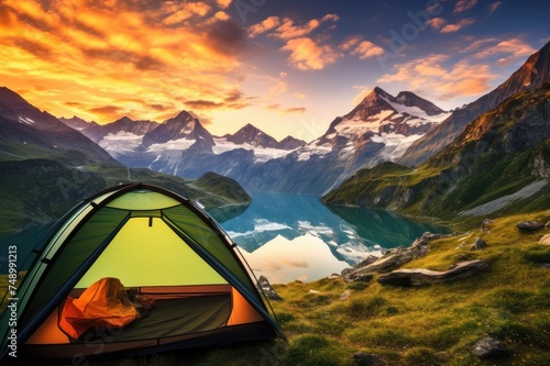 Perfect camping place high in the mountains with tent in summer season. Generative Ai.