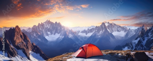 Perfect camping place high in the mountains with tent in winter season, banner. Generative Ai.