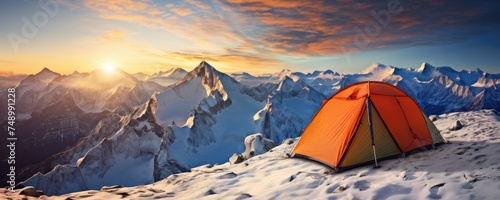 Perfect camping place high in the mountains with tent in winter season, banner. Generative Ai.