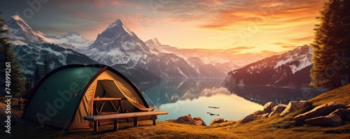 Perfect camping place high in the mountains with tent in summer season  banner. Generative Ai.