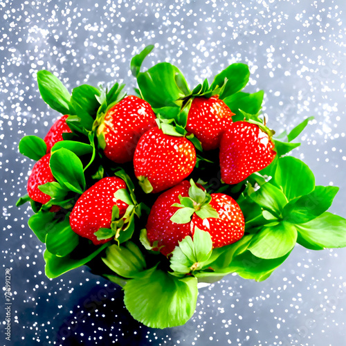 eap of fresh strawberries in bowl on white wooden background. Top view point. photo