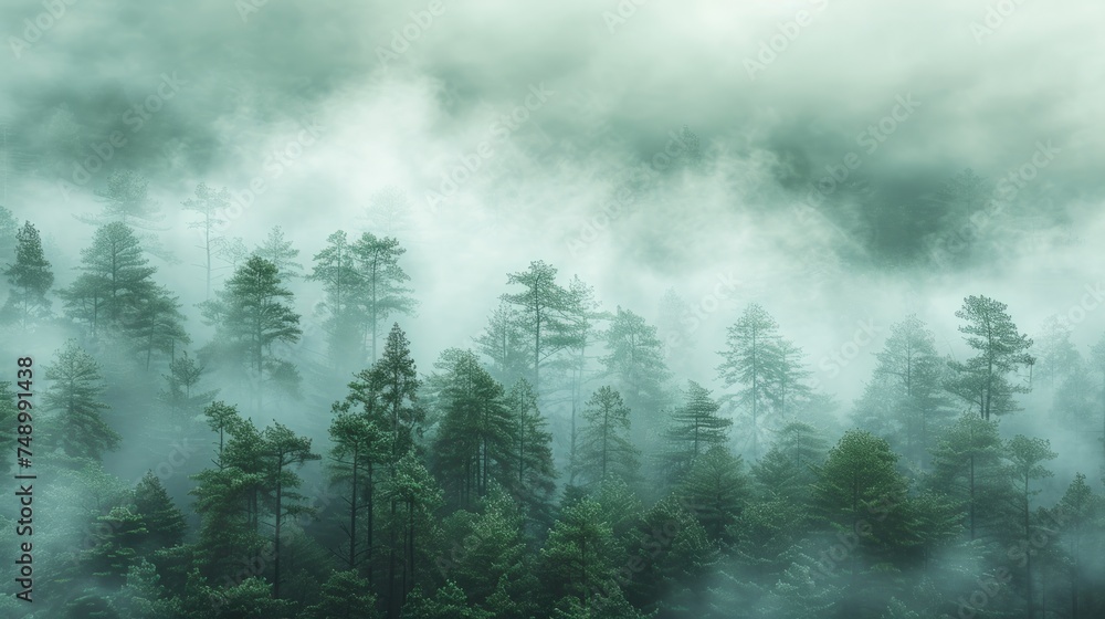 A minimalist photograph of a misty forest, with tall trees fading into the fog and a soft