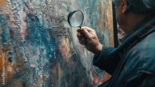 Person examining abstract painting with magnifying glass