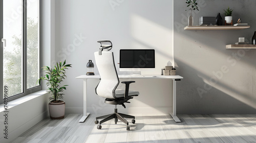 A minimalist home office with a simple desk, ergonomic chair